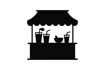 Obraz premium Black silhouette of a market stall or booth with an awning, displaying three glasses of drinks and a bowl, isolated on a white background, keywords: market stall, booth, stand, kiosk, stall, awning