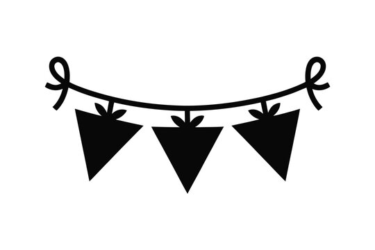 Black silhouette of a string of three triangular bunting flags with leaf-like embellishments hanging from a curved string tied with bows at each end, isolated on white