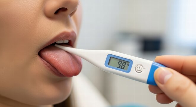 Close-up of a person's mouth with a digital thermometer under their tongue