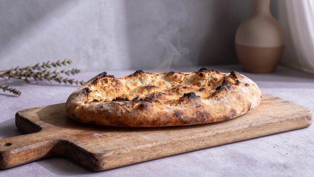 Steaming hot Moroccan khobz bread on a rustic wooden board with soft focus background.