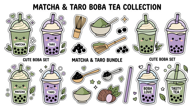 Cute Matcha and Taro Boba Tea Sticker Set for Planner Decoration and Scrapbooking with Kawaii Bubble Tea Drinks and Ingredients