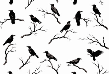 Fototapeta premium Pattern of Crows on Leafless Branches with White Background