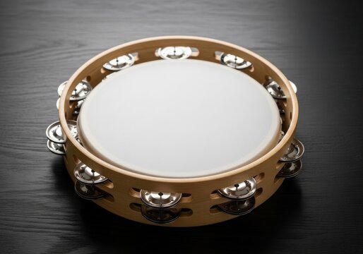 Traditional tambourine with jingle bells and wooden frame isolated on white background