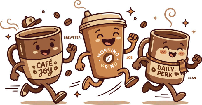 Cheerful coffee cup characters running in group with smiling faces and energetic movement.