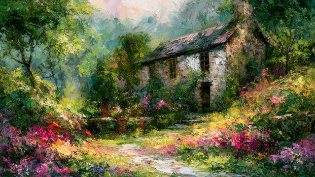 Impressionist cottage garden painting with vibrant flowers and lush countryside scenery
