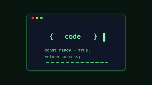 A computer screen displays coding success with green text on black background