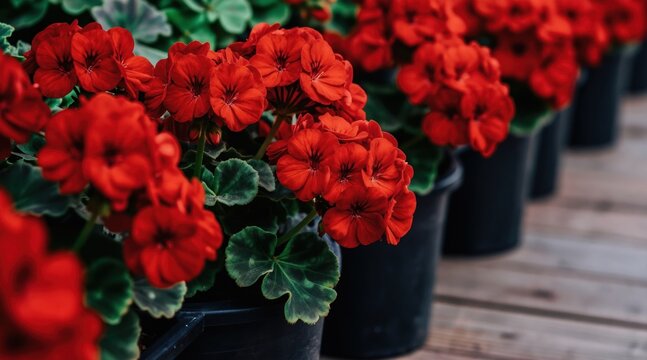 Row of blooming red geranium flowers in black pots. Vibrant flora on wooden deck. Plants arranged for garden decor summer season. Lush green foliage accents bright petals.