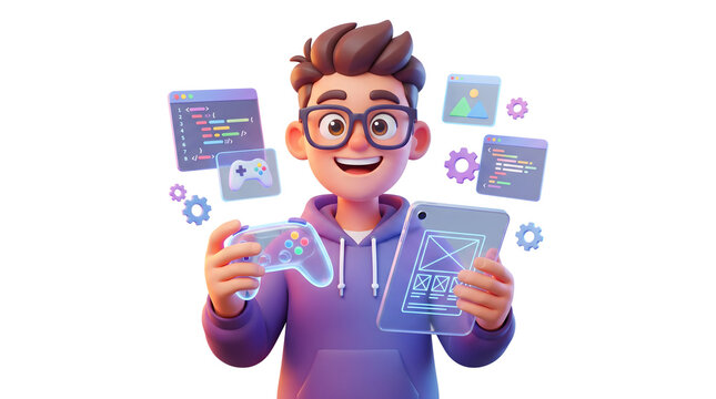 Young programmer with glasses holding a game controller and tablet surrounded by coding screens and gears