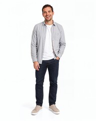 Fototapeta premium Happy casual businessman laughing with hand in pocket on white background
