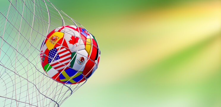 Soccer ball, scoring the goal and moving the net with green background and sun rays