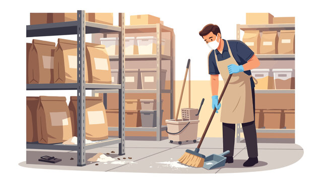 Warehouse worker wearing a face mask and apron cleaning spilled flour from the floor with a broom and dustpan in a storage room