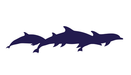 Fototapeta premium Three dark blue dolphin silhouettes swim gracefully in a horizontal line across a clean white background.