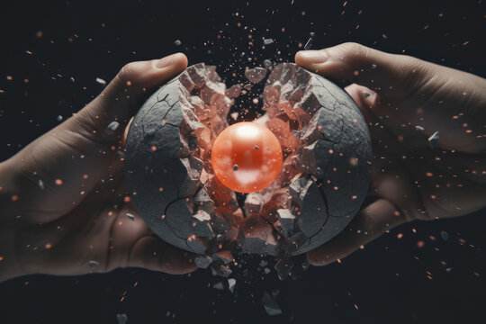 Hands breaking a stone sphere to reveal a glowing orange core, ideal for sci-fi book covers, tech innovation articles, or motivational business backgrounds showing inner potential and breakthrough