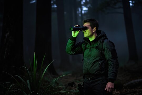 Man with night vision device searches dark forest at night. Guy uses optical monocular for spotting wildlife or intruders in woods. Tech equipment helps see in low light conditions.