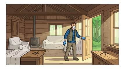 Fototapeta premium Man wearing protective gear entering a dusty, abandoned cabin with rodent droppings