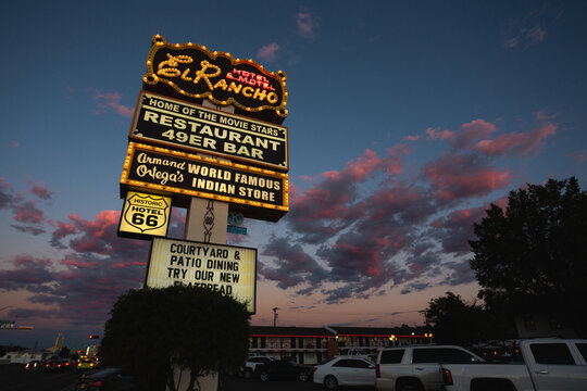 Road sign for El Rancho Hotel and Motel, built 1937, on old Route 66 in Gallup, New Mexico, September 2020