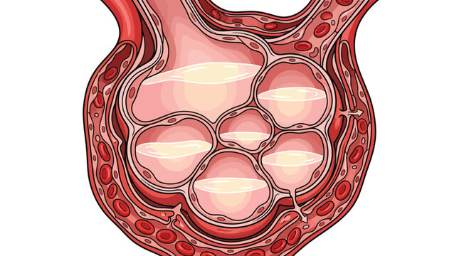 Illustration of pneumonia or pulmonary edema showing fluid accumulation in the alveoli of the lungs