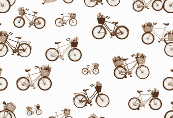 Obraz premium Seamless Pattern of Vintage Bicycles with Floral Baskets on White Background