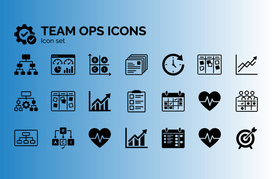 Business Performance Team Operations Icon Set OKR Tree KPI Dashboard RACI Chart Sprint Backlog Standup Clock Retrospective Board Velocity Chart Goal Tracker Vector