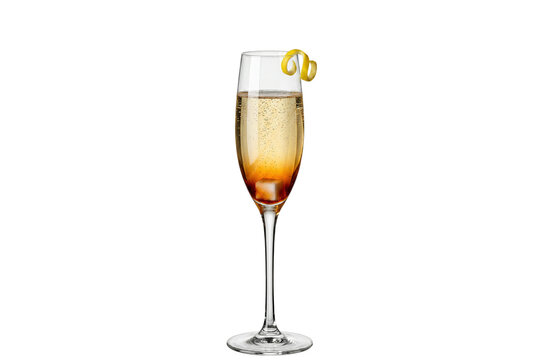 premium classic champagne cocktail with sugar cube bitters and lemon twist garnish in a crystal flute glass on transparent background