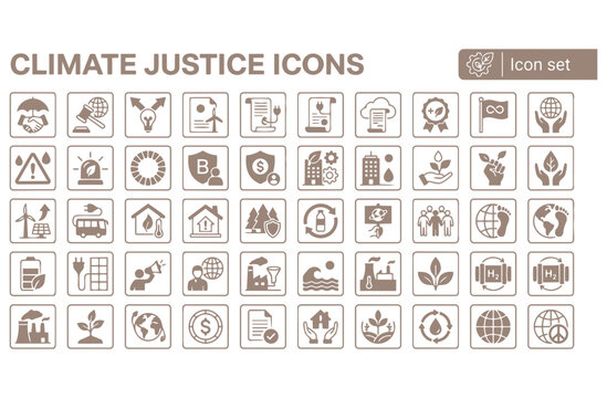 Climate Justice Energy Transition Icon Set Just Transition Renewable Energy Certificate PPA Additionality Permanence Leakage Greenwashing SDG B Corp LEED BREEAM Water Stewardship Vector
