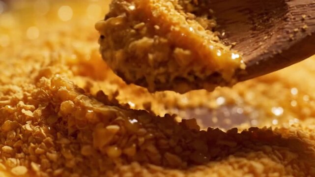 Extreme macro close-up of buttery farofa being stirred with a wooden spoon. Glistening texture, warm lighting, shallow depth of field, 4K, slow motion, seamless hypnotic loop.