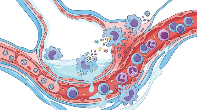 Illustration of immune system response with white blood cells attacking pathogens in the blood vessel and lung alveoli