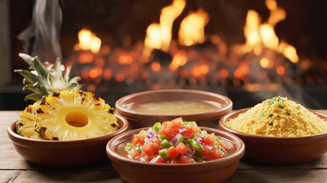 ceramic bowls containing farofa, vinagrete, beans, and grilled pineapple. A blurred grill background. The bowls are perfectly arranged, steam gently rising, high-end commercial lighting, 4K, 