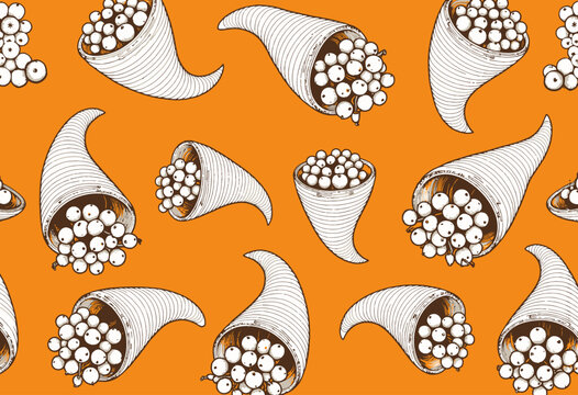 Seamless Pattern of Cornucopias Filled with White Berries on Vivid Orange Background
