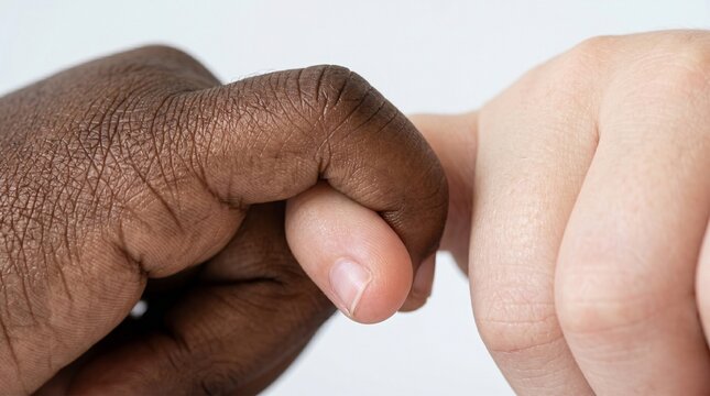 Close-up of two hands with different skin tones making a pinky swear promise on a white background