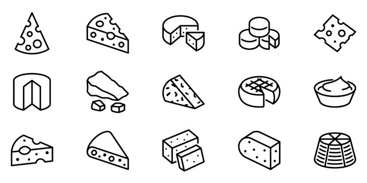 Cheese and Dairy Product Line Icons Set. Parmesan, Mozzarella, Cheddar, Brie, Gouda, Camembert, Feta and Gourmet Food Vector Illustration Collection.

