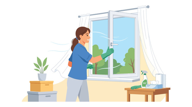 Woman opening window to ventilate room after cleaning, fresh air coming inside, vector illustration