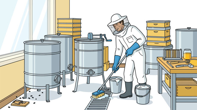 Beekeeper cleaning the floor of a honey processing facility