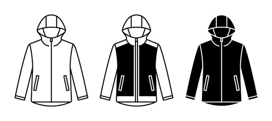 3 Hooded Jacket Icons, Vector Illustrations: Outline, Two-Tone, Solid Black © Designhouse
