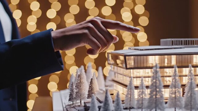 Close up of a businesswoman hand touching a miniature architectural model of a modern office building in a winter setting with warm bokeh background