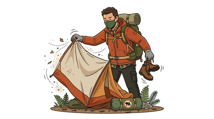 Obraz premium Hiker setting up a tent in the wilderness, wearing a mask and carrying a backpack, vector illustration