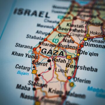 Close-up Map of Gaza Strip and Surrounding Areas in Israel.