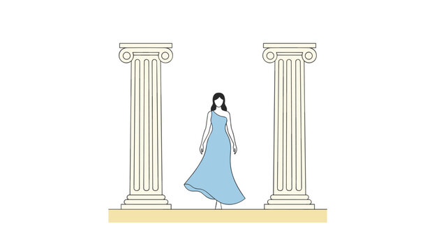 A woman in a long blue one-shoulder dress stands facing forward between two classical white columns on a tan base.