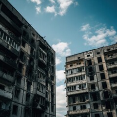 Fototapeta premium Destroyed apartment buildings under a cloudy sky, evidence of conflict.