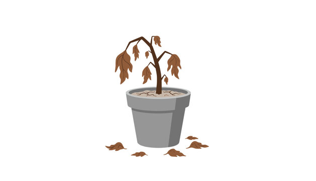 A withered plant with drooping brown leaves is planted in a grey pot with dry cracked earth on a white background.