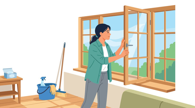 Woman opening window to ventilate room after cleaning with supplies