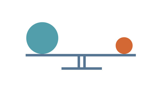 A blue seesaw mechanism balances a large teal ball against a smaller orange ball on a white background.
