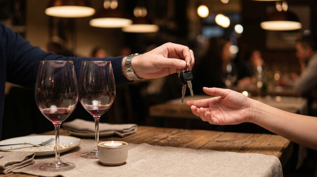 Man giving car key to woman in restaurant. Concept of drinking and driving prevention. Sober driver helping friend after romantic dinner with wine. Alcohol consumption and safety.