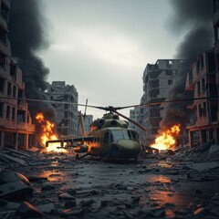 Obraz premium Helicopter Amidst War-Torn Cityscape with Fires and Smoke.