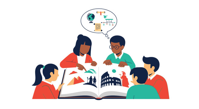 Diverse students learning history from an open book with ancient landmarks