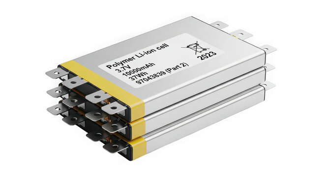 Stack of three lithium polymer battery cells isolated on transparent background