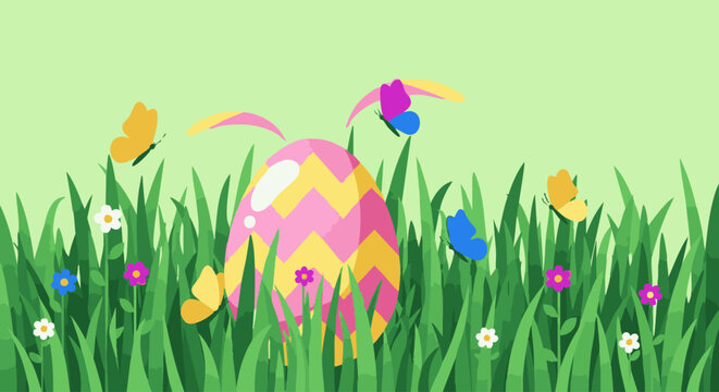 Pink and yellow chevron patterned easter egg with rabbit ears in green grass with colorful butterflies and small spring flowers