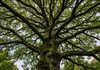 Fototapeta premium Majestic canopy of a towering deciduous tree with intricate branches isolated on white background
