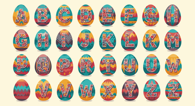 Alphabet collection of easter eggs with floral patterns, featuring colorful letters a to z on patterned egg-shaped backgrounds in flat style