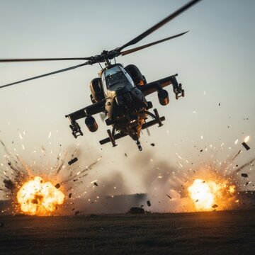 Military Attack Helicopter in Action with Explosions.